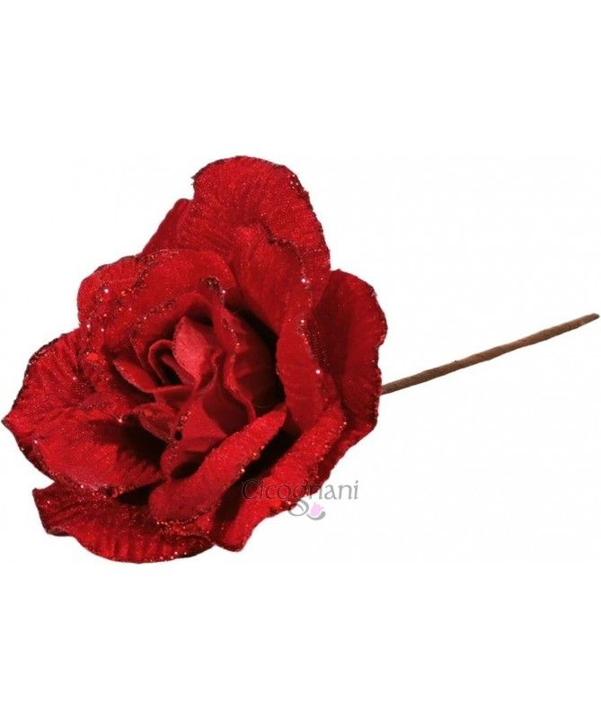 Ramo fiore con glitter rosso h. 22cm.